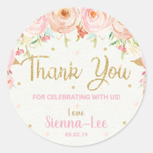 Sticker Rond Ęr Merci floral rose de baby shower d'anniversaire