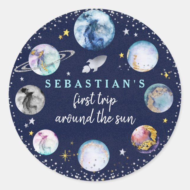 Sticker Rond Espace Anniversaire Premier Voyage Autour Du Solei (Devant)