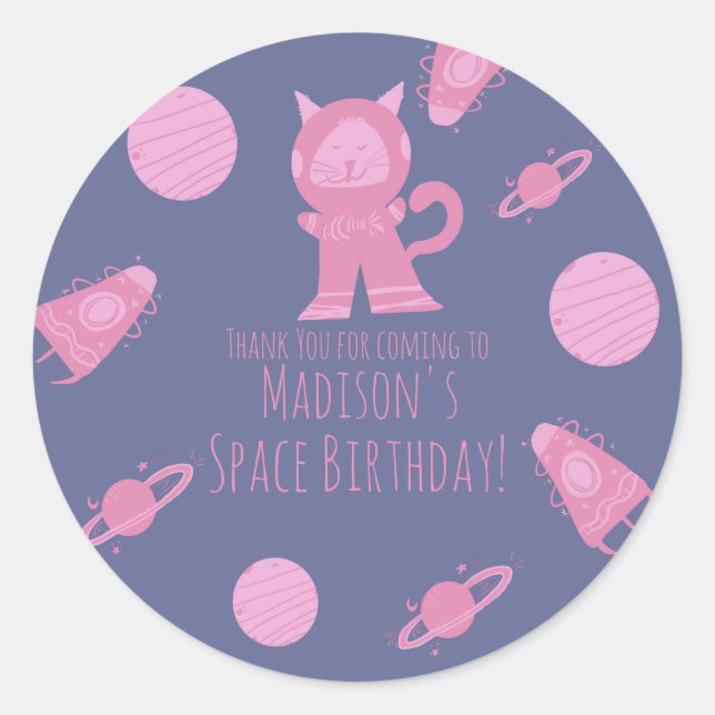 Sticker Rond Espace Chat Rose Violet Galaxy Anniversaire  (Devant)