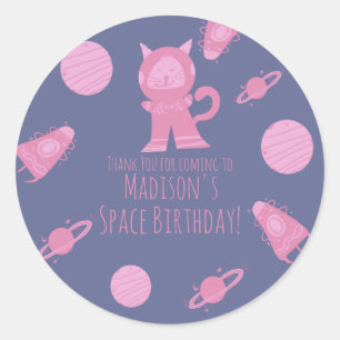Sticker Rond Espace Chat Rose Violet Galaxy Anniversaire