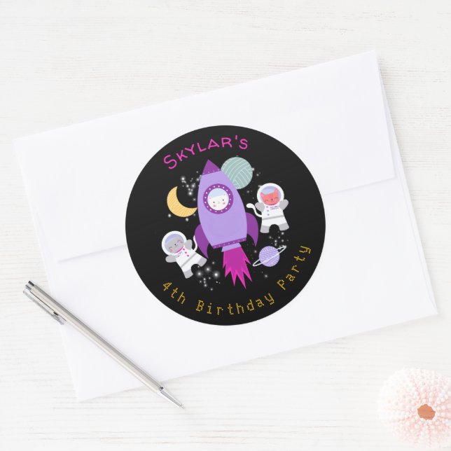 Sticker Rond Espace Extérieur Chatons Chat Astronaute Filles An (Enveloppe)