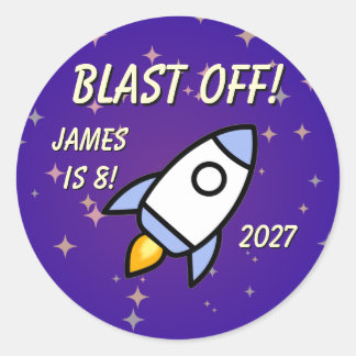 Sticker Rond Espace - Fusée Violette et Étoiles pour l'annivers