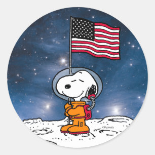 Sticker Rond ESPACE   Snoopy avec astronaute du drapeau