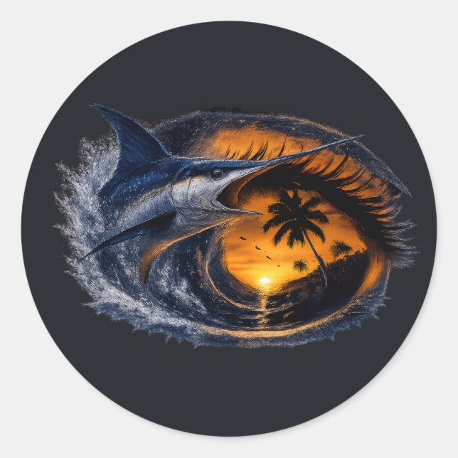 Sticker Rond Espadon Sunset Wave – Art océanique tropical surré (Devant)