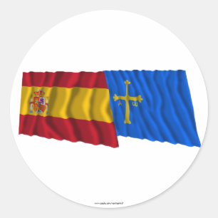 Sticker Rond Espagne et Asturies agitant des drapeaux