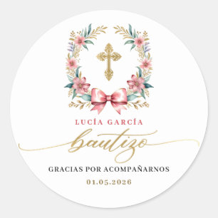 Sticker Rond Espagnol De Bautizo Gracias Or & Rose