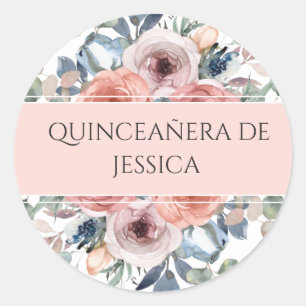 Sticker Rond Espagnol, Quinceañera, Enveloppe florale Sceau/Fav