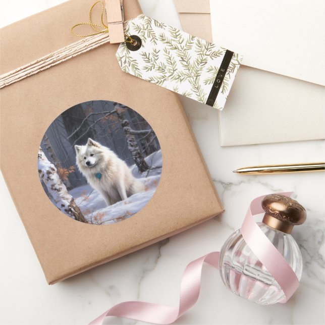 Sticker Rond Esquimau Américain Laisser Neige Noël (Cadeaux)