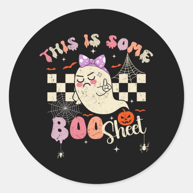 Sticker Rond Est Boo Feuille Cute Ghost Retro Halloween Costume (Devant)