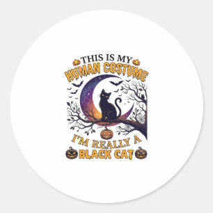Sticker Rond Est Costume Humain Chat Noir Halloween Lune_1