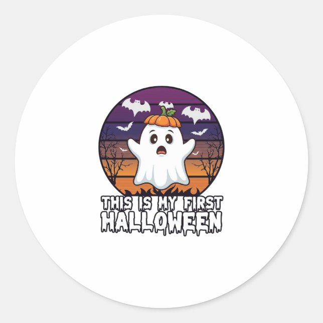 Sticker Rond Est Premier Fantôme de Halloween Citrouille Chapea (Devant)