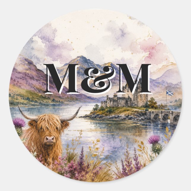Sticker Rond Esthétique des Highlands d'Écosse, monogramme mode (Devant)