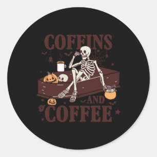 Sticker Rond Et Café Drôle Skeleton Halloween