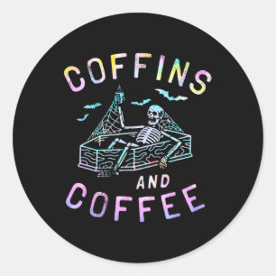 Sticker Rond Et Café Drôle Skeleton Tie Dye Retro Halloween
