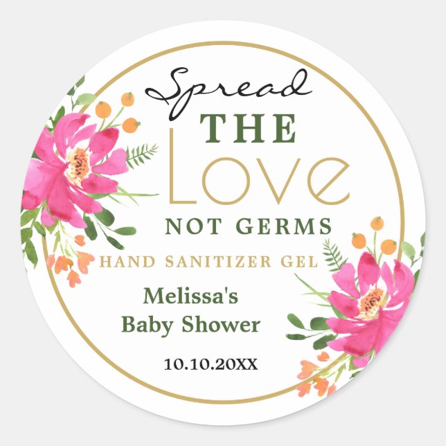 Sticker Rond Étaler l'amour Baby shower Sanitizer Faveurs (Devant)