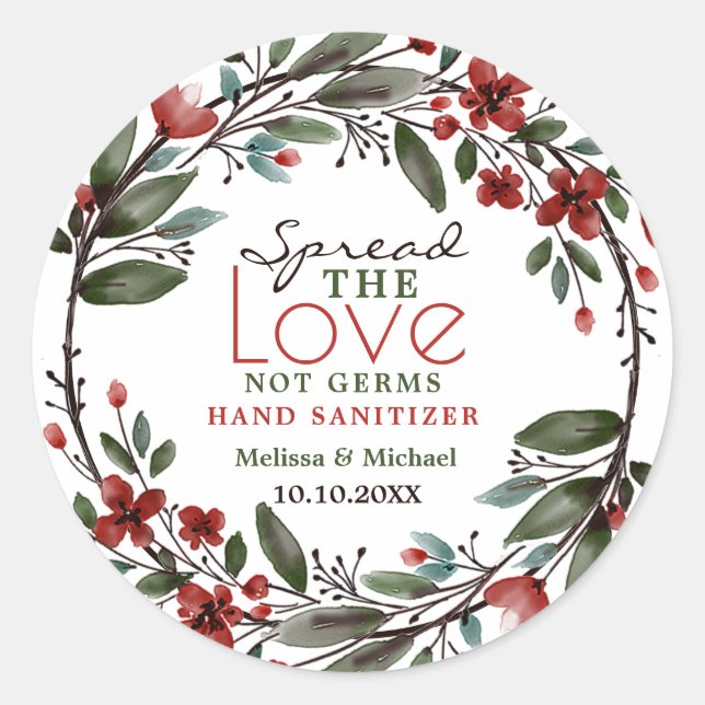 Sticker Rond Étaler l'amour Rouge Floral Wreath Main Sanitizer  (Devant)