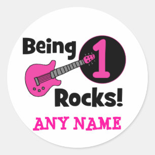 Sticker Rond Étant roches 1 ! avec la guitare rose