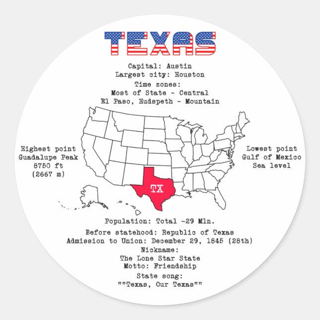 Sticker Rond État américain du Texas sur une carte et des infor (Devant)