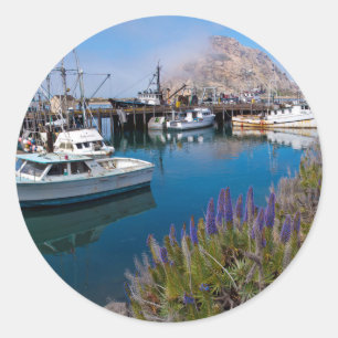 Sticker Rond États-Unis, Californie. Bateaux amarrés à Morro Ba
