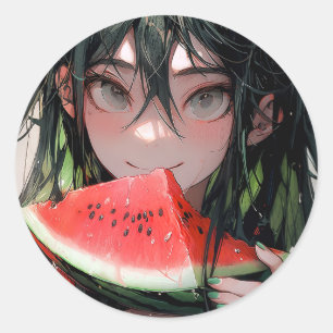 Sticker Rond Etc Juicy Eté Watermelon Anime Girl