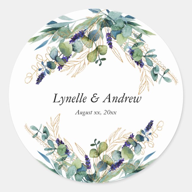 Sticker Rond Été, Bleu, Vert, Aquarelle Mariage Floral (Devant)
