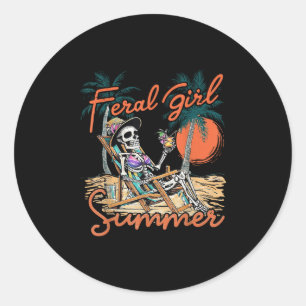 Sticker Rond Été de fille sauvage Mème drôle squelette plage Ha