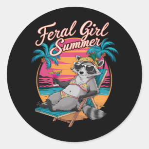 Sticker Rond Été de fille sauvage plage drôle raton laveur