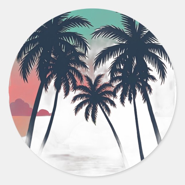 Sticker Rond Été Éternel Vaporwave Tropical Coucher de Soleil P (Devant)