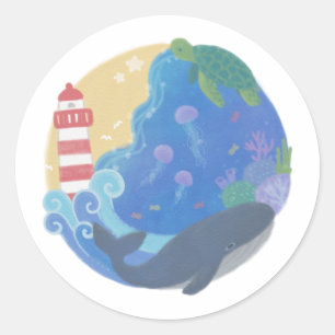 Sticker Rond Été Ocean Whale Turtle & Lighthouse