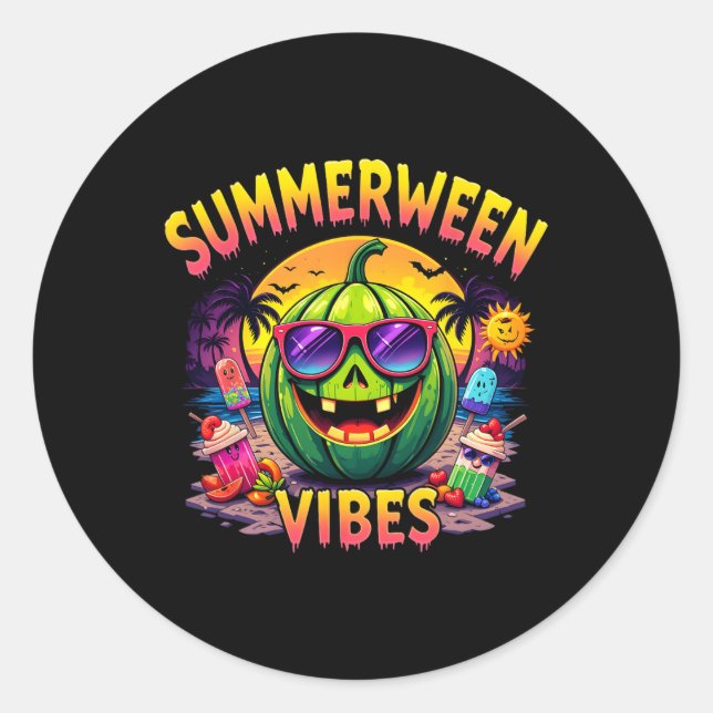 Sticker Rond Été Watermelon Jack-o-lanterne Summerween Vibes (Devant)