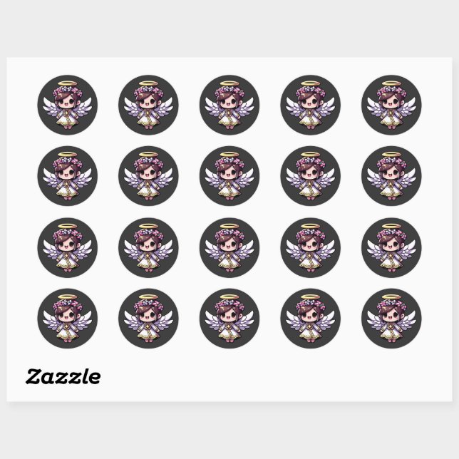 Sticker Rond Ethereal Angelic Chibi - ange, halo, fleurs (Feuille)