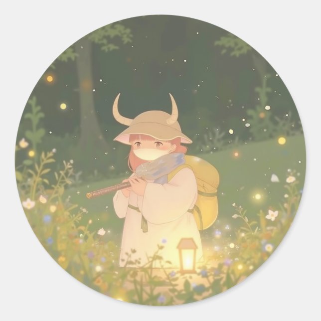 Sticker Rond Ethereal Anime Girl with Horns in Whimsical Meadow (Devant)
