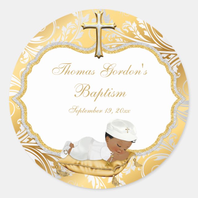 Sticker Rond Ethnic Baby Boy Baptism Gold Cross (Devant)