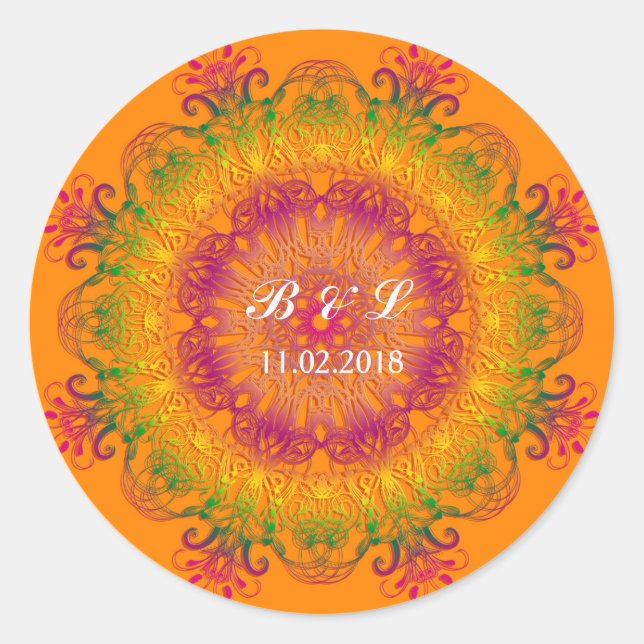 Sticker Rond Ethnic floral mandala on orange background (Devant)