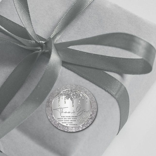 Sticker Rond Étincelle Merci Silver Dripping Glitter Classique  (Créateur téléchargé)