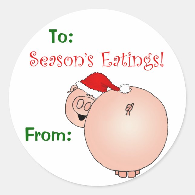 Sticker Rond Étiquette-cadeau de la saison Eating Pig. (Devant)