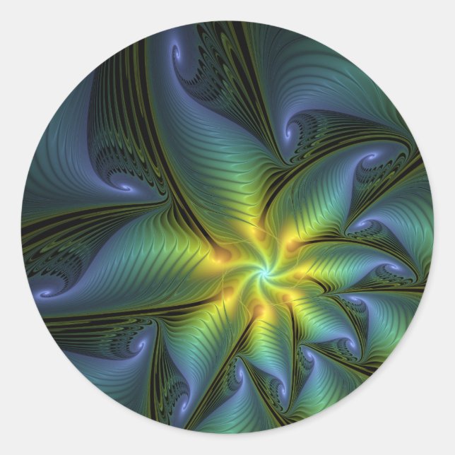 Sticker Rond Étoile abstraite, art fractal doré bleu vert brill (Devant)
