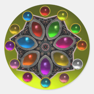 STICKER ROND ÉTOILE BRILLANTE AVEC DES GEMSTONES COLORÉS JAUNE 