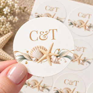 Sticker Rond Étoile de mer coquillage champagne mariage côtier