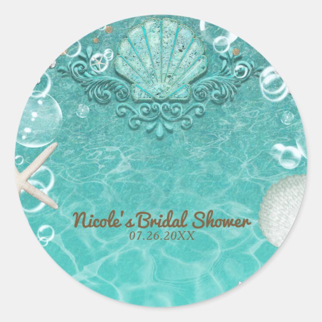 Sticker Rond Étoile de mer enchantée sarcelle et faveur de fête (Devant)