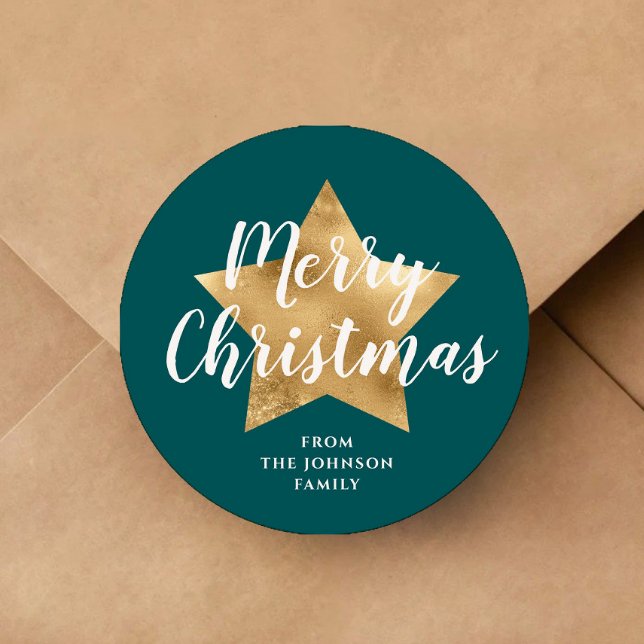 Sticker Rond Étoile verte élégante Joyeux Noël (Merry Christmas Gold Star Green Classic Round Sticker)