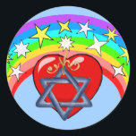 Sticker Rond Etoiles arc-en-ciel et juives<br><div class="desc">Les couleurs arc-en-ciel et les étoiles juives entourent notre coeur aimant dans la beauté de la religion.</div>