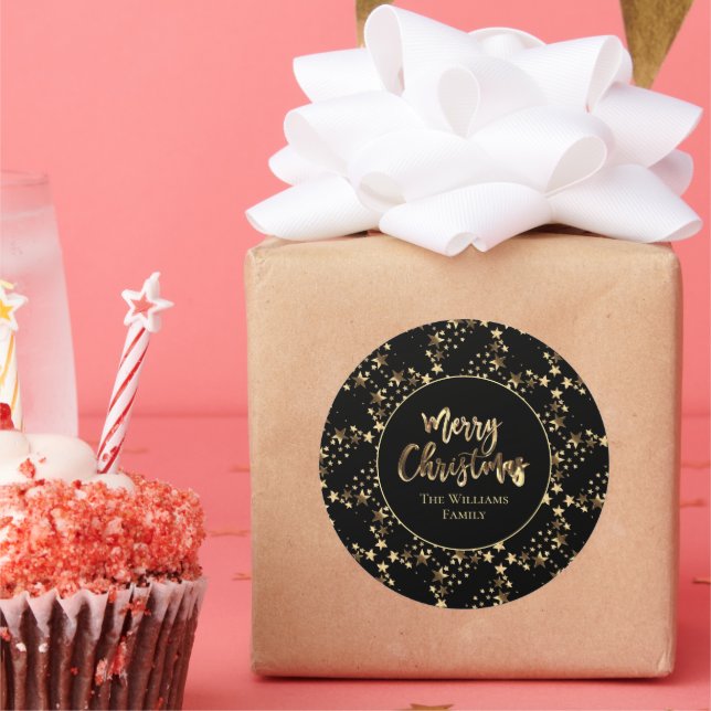 Sticker Rond Étoiles de Black et d'Or moderne Noël Motif (Fête)