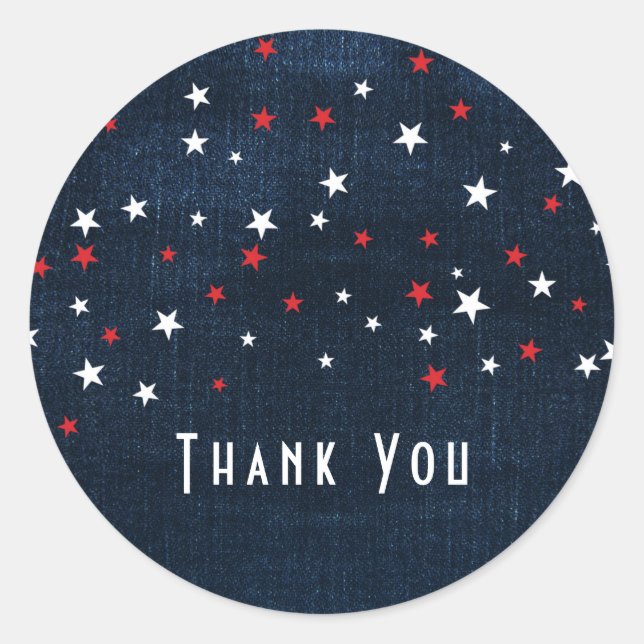 Sticker Rond Étoiles de denim rouge blanc & bleu Faveur de fête (Devant)