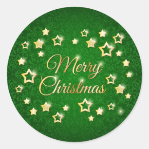Sticker Rond étoiles d'or sur damas vert Joyeux Noël