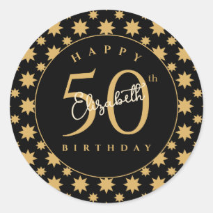 Sticker Rond Étoiles Dorées 50e Anniversaire Nom Personnalisé 