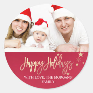 Sticker Rond Étoiles Dorées Élégantes Photo Rouge Joyeux Noël