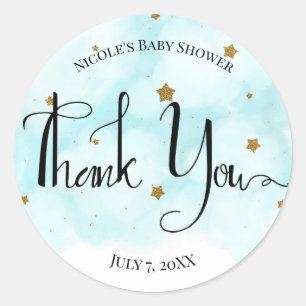 Sticker Rond Étoiles dorées et nuages de ciel bleu Baby Shower
