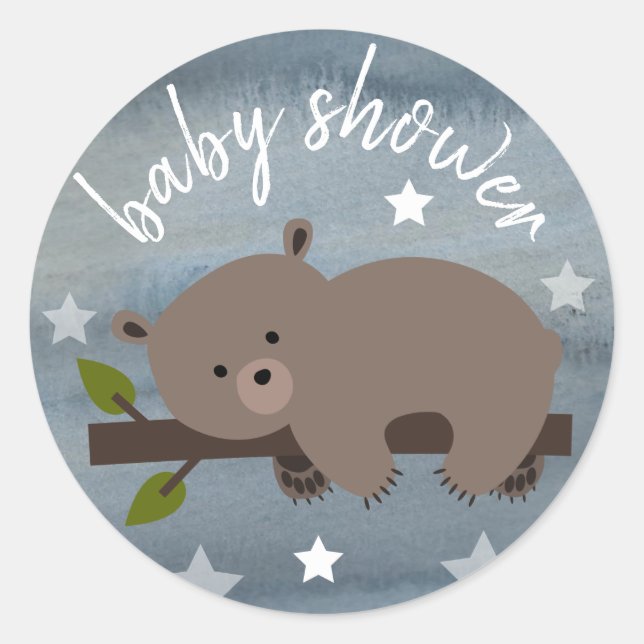 Sticker Rond Étoiles d'ours couché Baby shower d'aquarelle (Devant)