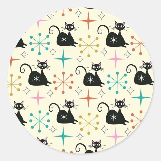 Sticker Rond Étoiles du milieu du siècle avec chat atomique noi (Devant)
